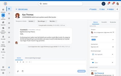 Screenshot van dashboard met een case conversation in 'HR Answers'.
