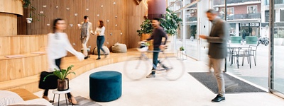 commuters arriving to office lobby