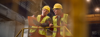 Two men in hi-vis jackets and protective gear having a conversation in a warehouse