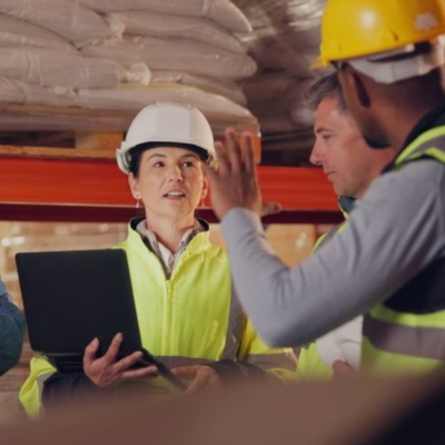 Warehouse workers in conversation in warehouse corridor