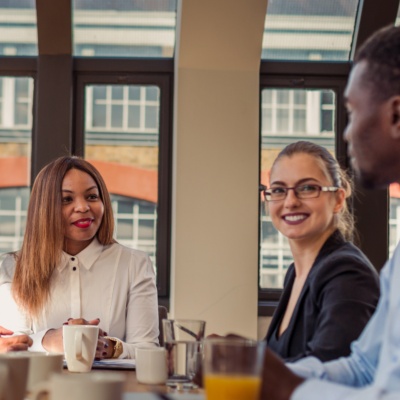 Woman at head of table with group of colleagues