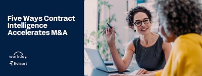 Women in a business meeting with text to the left: Five ways contract intelligence accelerates M&A.