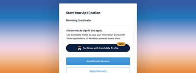 A candidate application screen showing the option to continue with Workday Candidate Profile.
