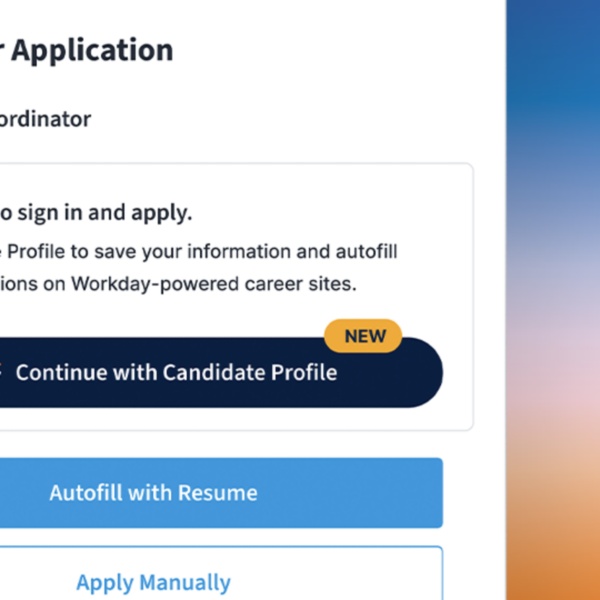 A candidate application screen showing the option to continue with Workday Candidate Profile.