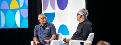Workday Co-Founder, Co-CEO, and Chair Aneel Bhusri and Workday Co-President Sayan Chakraborty discuss the future of work onstage at DevCon. 