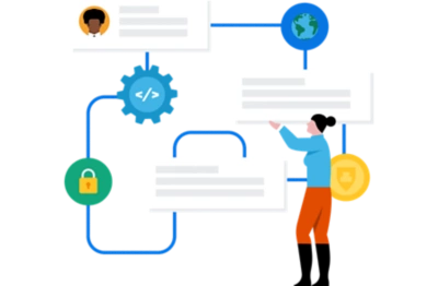Ilustración de personas usando una lupa para ver datos en un portátil