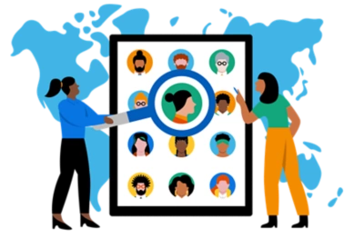 Ilustración de personas examinando mapa de talento